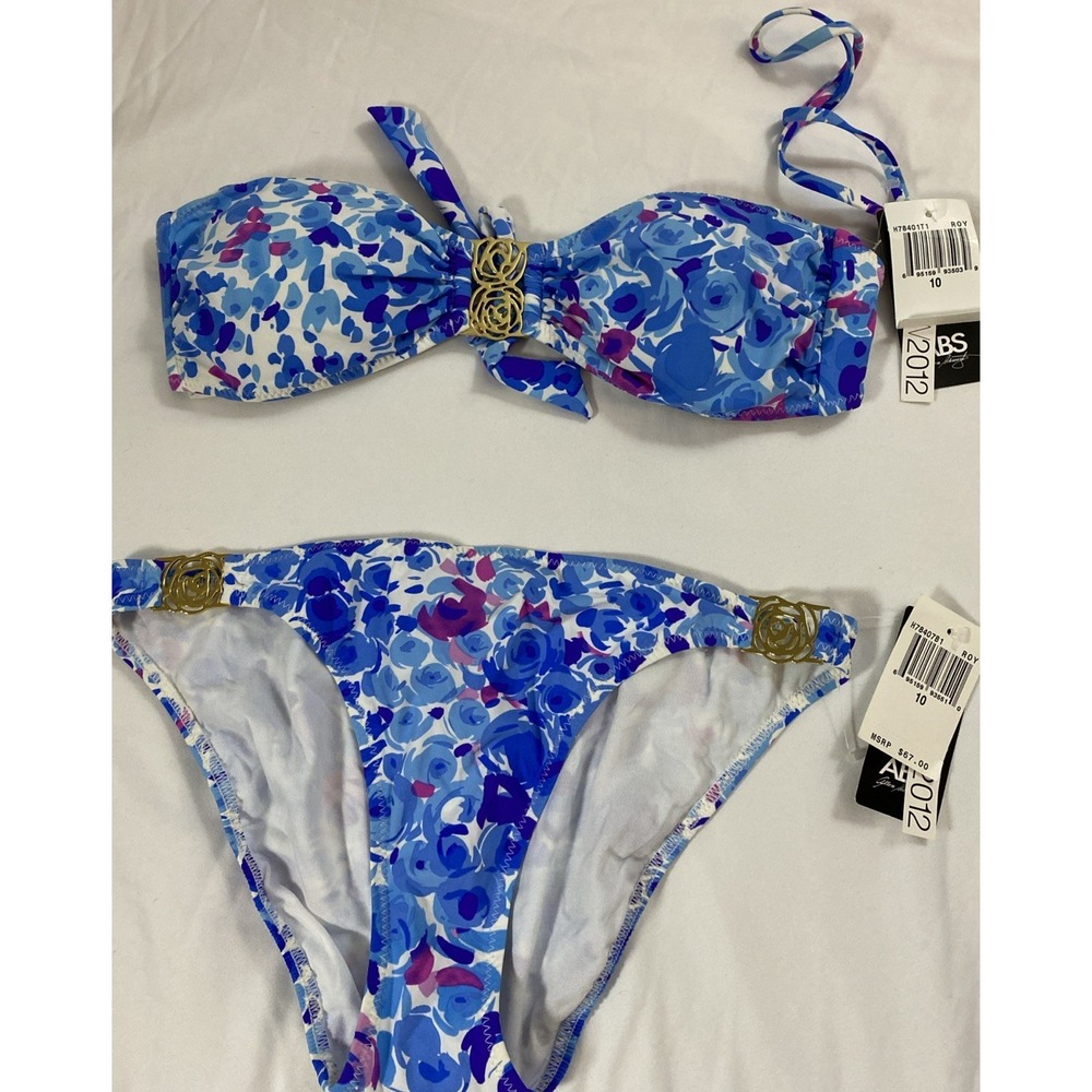 ABS Allen Schwarz Rosette Bandeau Bikini Swimsuit Blue Floral Bathing Suit Sz 10